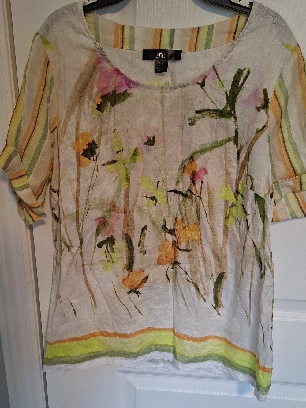 Renuar White Floral Linen Tunic with Green and Yellow Accents